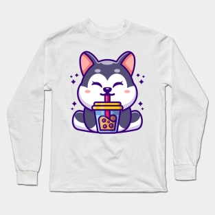 Cute husky drinking boba milk tea cartoon Long Sleeve T-Shirt